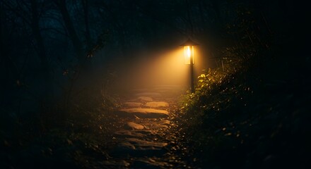 Obraz premium A glowing lantern showing path in darkness, symbol of guidance.