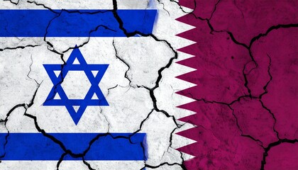Flags of Israel and Qatar painted side by side on cracked wall—symbolizing geopolitical tension, division, or fragile diplomacy.