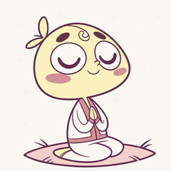 Cute cartoon character meditating peacefully with eyes closed and hands pressed together in a serene pose on a mat surrounded by soft glowing sparkles