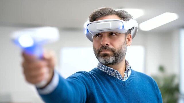 VR experience designer building immersive educational environments using Unity 3D platform with virtual reality headset and motion tracking controllers for testing interactive lea