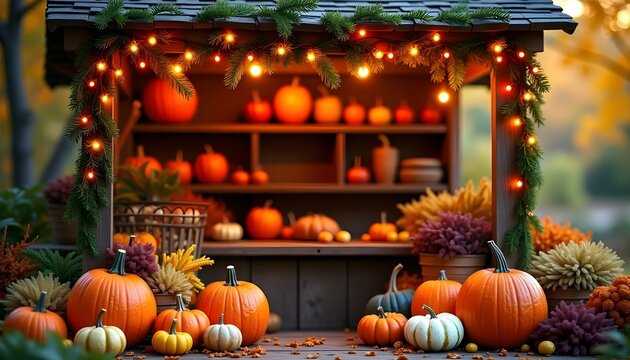 Vibrant Fall Harvest Display Featuring Pumpkins String Lights and Autumn Decor