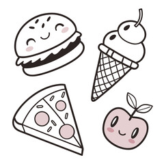 Cute kawaii style food illustrations featuring a happy burger ice cream cone pizza slice and cherry with blush cheeks on a white background