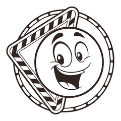 Happy cartoon face with a warning sign and a circular border representing a fun and friendly warning or alert symbol with a playful expression