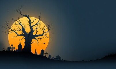Silhouette of a dead tree and graveyard under a large, ominous orange moon.
