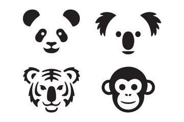 Four stylized animal faces in black and white