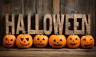 Rustic wooden Halloween sign with carved pumpkins.