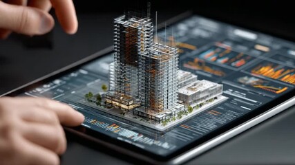 Architecture Design on Tablet: A detailed architectural model, brought to life on a digital tablet, with hands interacting, showcasing precision and innovation.