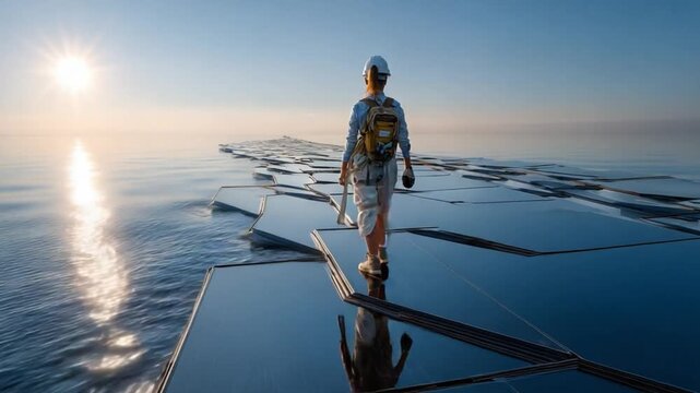 Seawalk Journey: A lone individual fearlessly strides across a precarious walkway of ice slabs jutting out into the vast expanse of the sea under the brilliant gaze of the sun.