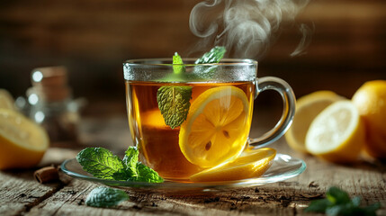Hot Lemon Mint Tea on Wooden Tray