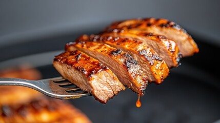Grilled meat slices on fork