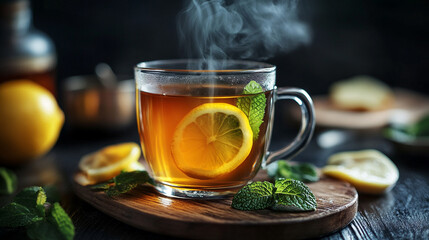 Hot Lemon Mint Tea on Wooden Tray