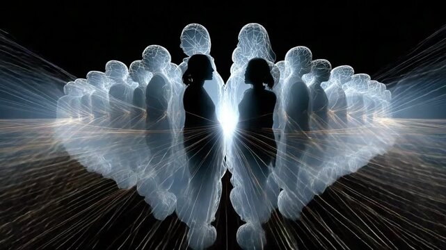 Spirited Passage: An artistic, ethereal scene showcasing silhouetted figures, forming a radiant light tunnel, evoking notions of spirituality and transcendental energy. 