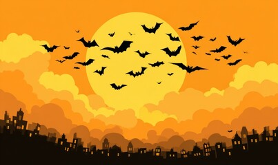 Silhouetted bats fly against a large orange moon above a dark cityscape at dusk.