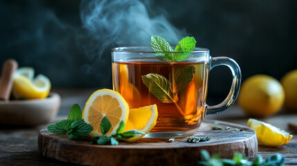 Hot Lemon Mint Tea on Wooden Tray