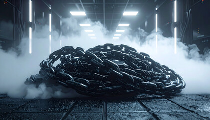Chains in Industrial Setting: A formidable heap of chains, metallic and strong, rests amidst an industrial backdrop, enveloped in a shroud of vapor.