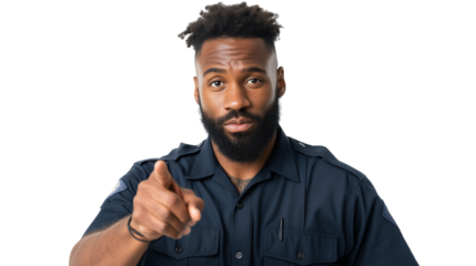 African American man in uniform pointing forward