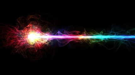 Obraz premium Laser beam strikes, creating explosion, black background, high brightness, multicolor, enhanced contrast --chaos 20 --ar 16:9 --quality 2 --v 6.1 Job ID: f23924b4-12e0-4e79-adea-15d2aea6721f