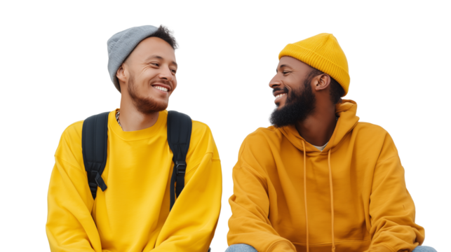 Two young men smiling and talking together