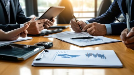 Business meeting analyzing financial charts and data