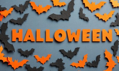 Orange and black Halloween bats surround the word "Halloween".