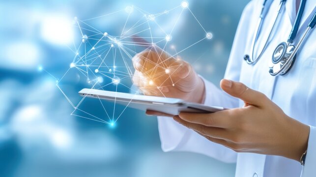 Doctor using digital tablet with network connection - Powered by Adobe