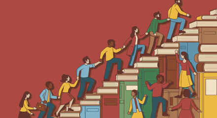 A diverse group of people helping each other climb a staircase made of giant books, symbolizing education, teamwork, and collective progress.