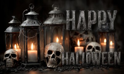 Glowing lanterns and skulls create a spooky Halloween scene.