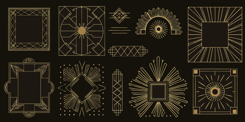 Collection of art deco geometric frames and decorative elements in gold on black background