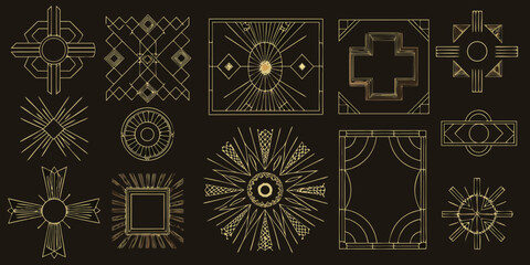 Collection of art deco geometric ornate decorative elements and frames in gold line art on black background