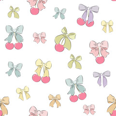 Colorful bows and cherries on a seamless pattern. Trendy print. Festive pattern. Design for wrapping paper, packaging, fabric, textile, home decor and gifts.
Fruit Seamless pattern, white background
