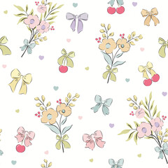 Pink orange floral bow and cherry seamless pattern. Summer coquette print with cute hand drawn bouquets. flowers, leaves, bow knots, ribbons. wedding decoration, fabric, wallpaper, textile design.