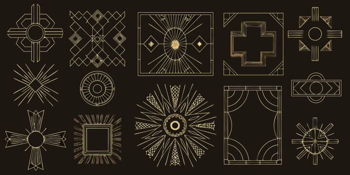 Collection of art deco geometric ornate decorative elements and frames in gold line art on black background