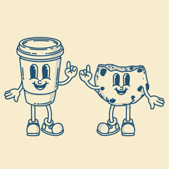 Happy retro mascot cookie and coffee to go character, smiling, thumb up gesture. Menu, homemade bakery symbol