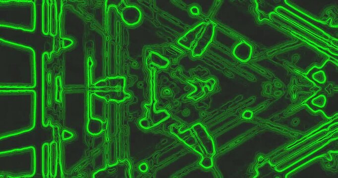 AI-generated abstract neon green outlines on a dark digital background, creating a futuristic scene