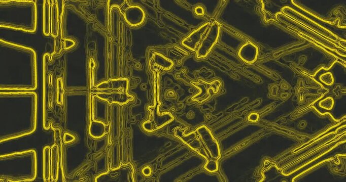 AI-generated abstract of neon yellow outlines forming a complex, layered, futuristic urban structure