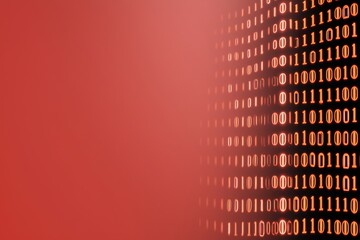 A digital design featuring a gradient red background with binary code (0s and 1s) displayed in black and orange, symbolizing technology and data.