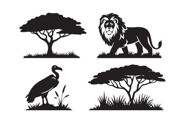 African wildlife silhouette set with trees and animals