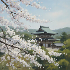 Japanese temple with cherry blossoms in full bloom, a serene landscape