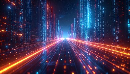 Futuristic digital city street with glowing lines