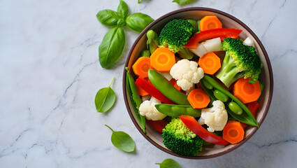 Vibrant bowl of mixed healthy fresh vegetables including broccoli cauliflower carrots and peas with basil leaves top view