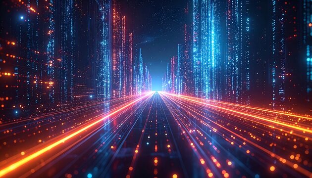 Futuristic digital city street with glowing lines