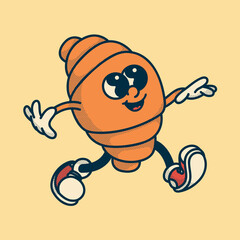 Colorful croissant mascot retro vector design for bakery branding with gesture, gloves and boots playful illustration