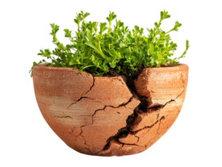 A resilient plant thrives in a broken terracotta pot.
