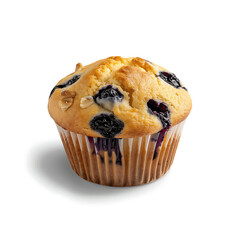 Blueberry muffin with golden-brown top and visible berries, presented on a white background