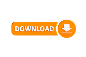 Bright orange download button with white text and a white down arrow icon isolated on transparent background