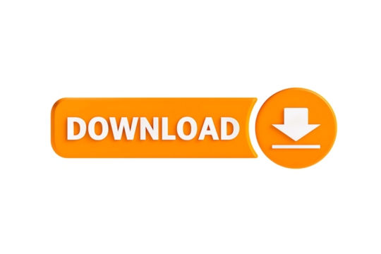 Bright orange download button with white text and a white down arrow icon isolated on transparent background
