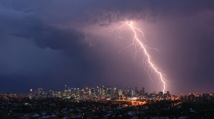 Thunderstorm with lightning striking a distant city skyline