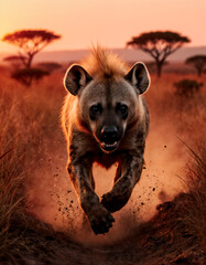 Majestic Hyena Running in African Grasslands at Sunset