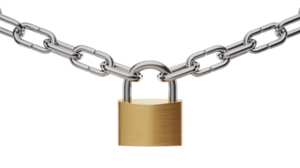 This clear image shows a sturdy metal chain with a golden padlock securely fastened in the middle, forming an arc against a white background.