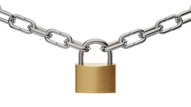 This clear image shows a sturdy metal chain with a golden padlock securely fastened in the middle, forming an arc against a white background.